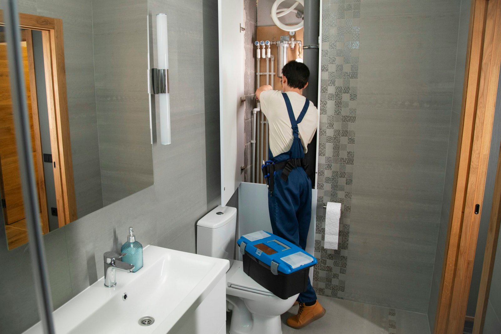 Plumber performing repair work in a bathroom, Aurora, CO